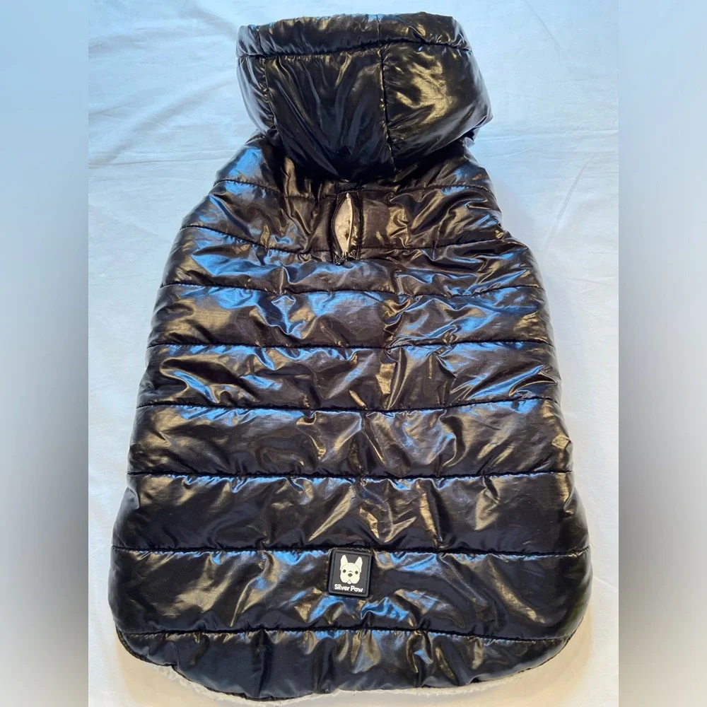 Silver Paw Dog Jacket Coat‎ Black, Sherpa Lining, Leash access, water resistant